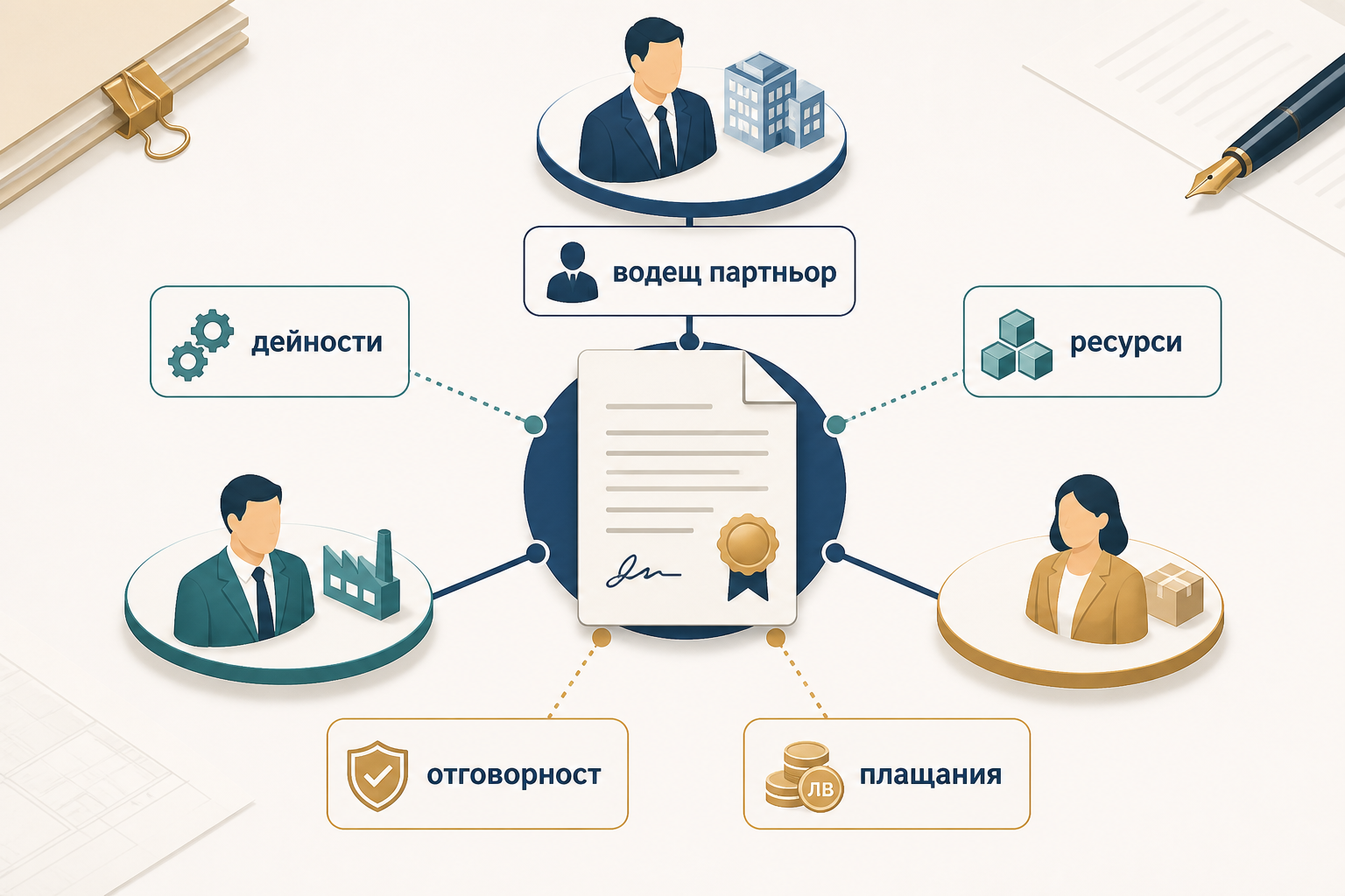 A consortium agreement that outlines the distribution of activities, resources, responsibilities, and payments among the partners.