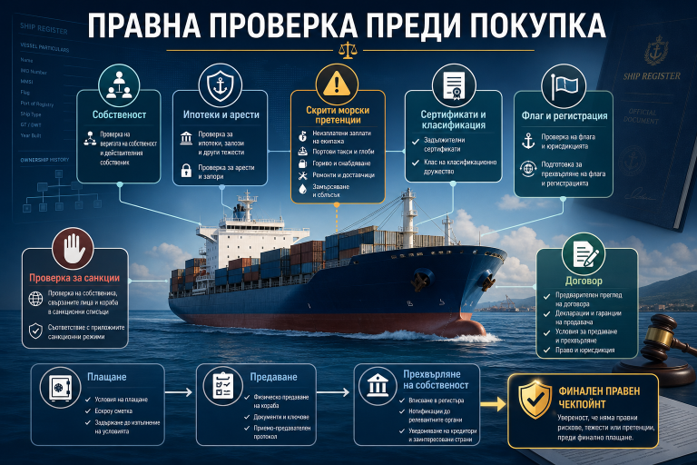 Българска инфографика за правна проверка преди покупко-продажба на кораб: собственост, ипотеки и арести, скрити морски претенции, сертификати, регистрация, договор, плащане, предаване и прехвърляне на собствеността.