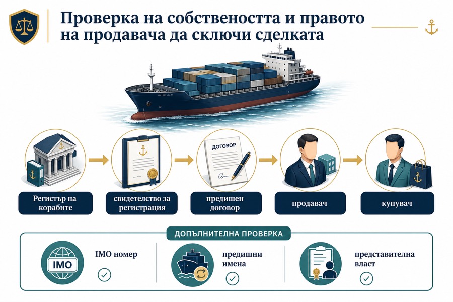 Диаграма на проверката на собствеността на кораб чрез регистър, регистрационно свидетелство, предишен договор, продавач и купувач.