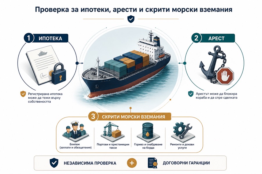 Обяснителна диаграма на ипотека, арест и скрити морски вземания при покупка на кораб.