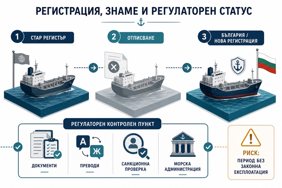 Процес от стар регистър през отписване до нова регистрация в България с регулаторни проверки.