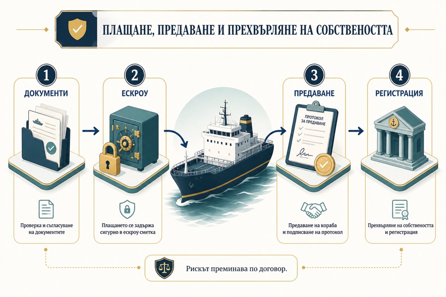 Четиристепенен процес за документи, ескроу, предаване и регистрация при покупко-продажба на кораб.