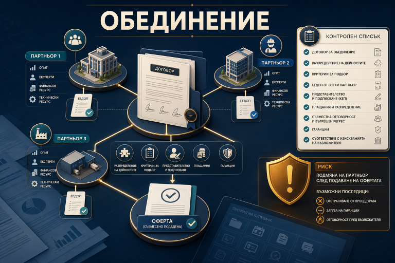 Инфографично представяне на обединение от партньори за обществена поръчка с договор, ЕЕДОП, обща оферта, контролен списък и правни рискове.
