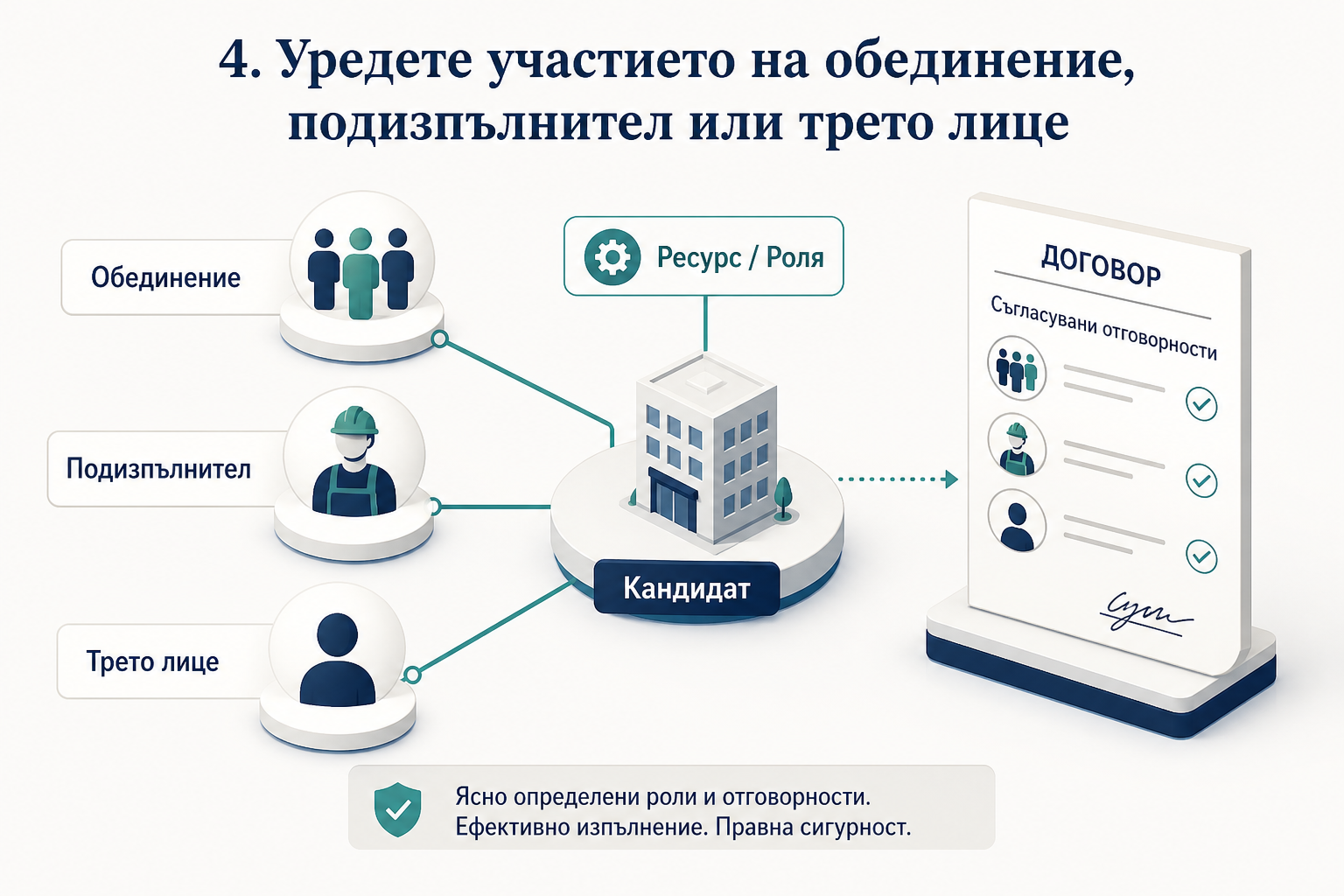 Разпределение на роли и ресурси между участник, обединение, подизпълнител и трето лице